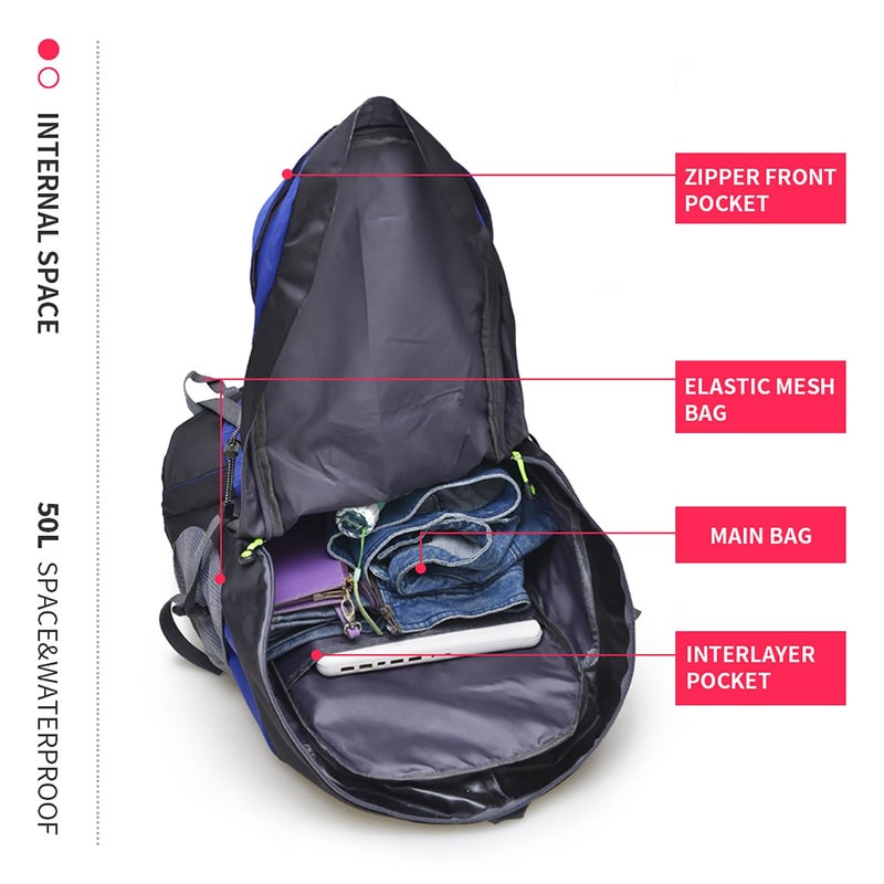Bseash 50L Hiking Backpack, Water Resistant Lightweight Outdoor Sport Daypack Travel Bag for Camping Climbing Skiing Cycling (Blue - No Shoe Compartment) - Image 3